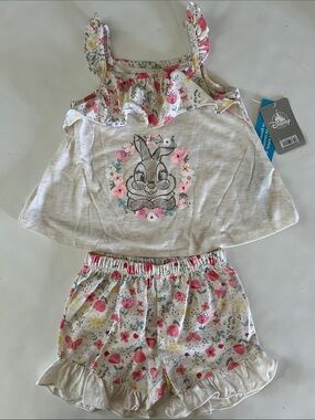 Disney Beige Floral Bunny Pajama Set with Pink and Green Accents